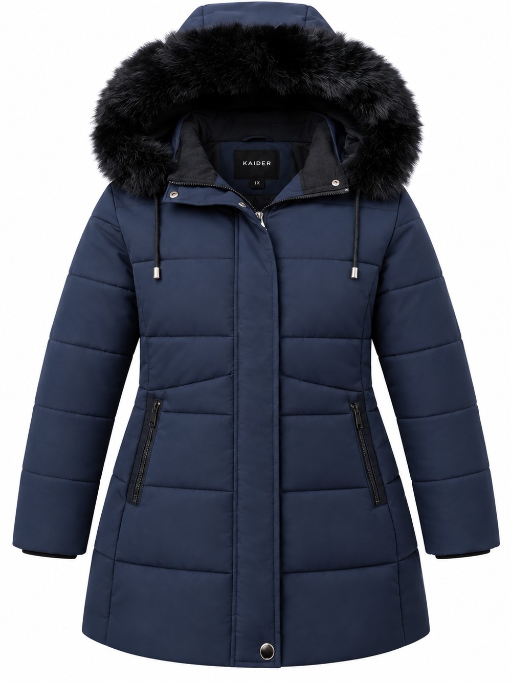 KAIDER 1X Navy Puffer Parka Winter Coat Faux Fur Hood NWT